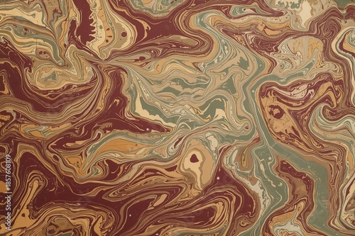 Abstract marbled paper texture background in deep red, gold, and sage green swirls