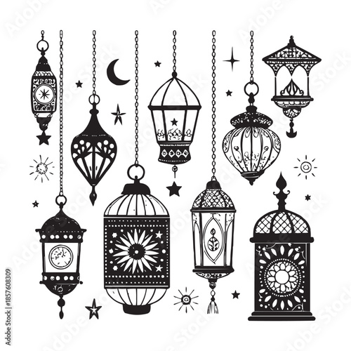 Ornate hanging lantern silhouettes with celestial motifs on white background