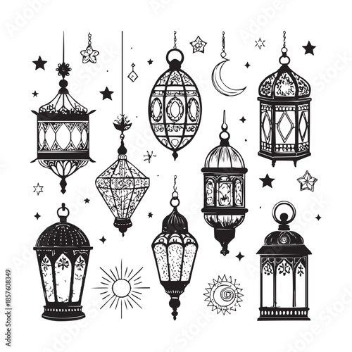 Ornate hanging lantern silhouettes with celestial motifs on white background