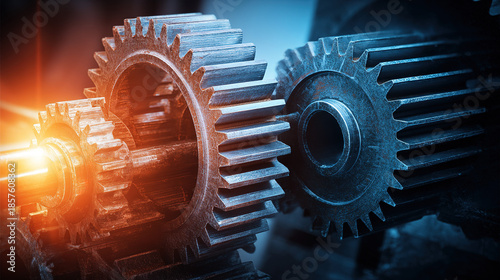 An abstract composition of interlocking metallic gears representing business efficiency.
