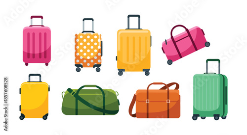 Travel Luggage Set with Suitcases and Backpacks, Plastic and Metal Cases with Leather Bags, Business Travel and Vacation Journey Vector Illustration