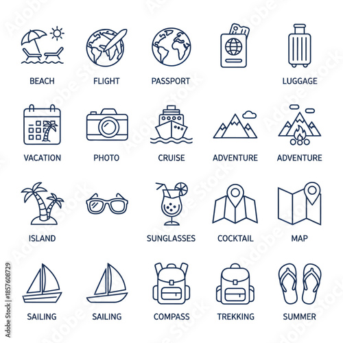 Holiday and Adventure Tourism Line Art Symbols