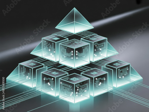 Glowing pyramid structure composed of cube shaped blocks in a futuristic setting