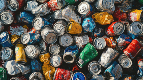 Crushed aluminium cans creating a texture of colors on top of each other, ready to be recycled. AI Generative