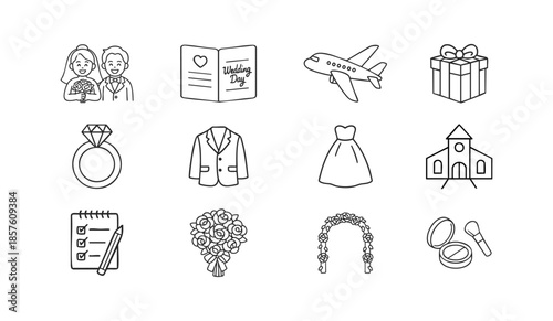 Wedding Line Icons Set – Hand Drawn Outline Vector Illustration