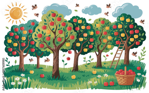 Vector applique of apple trees in the garden, hand drawn paper cut style orchard with ripe red fruits, flat fabric collage illustration of fruit trees isolated on white background.