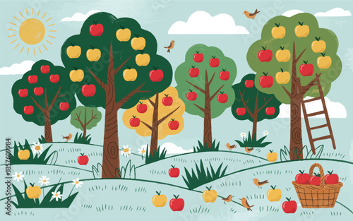 Vector applique of apple trees in the garden, hand drawn paper cut style orchard with ripe red fruits, flat fabric collage illustration of fruit trees isolated on white background.