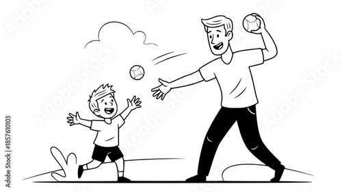 Father and son playing ball together, vector flat design, dynamic pose, minimal background