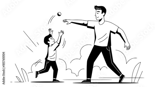 Father and son playing ball together, vector flat design, dynamic pose, minimal background