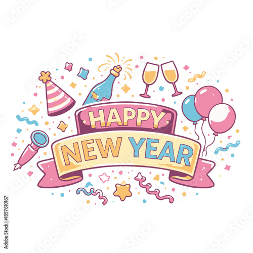 New Year Celebration Banner in Cartoon Vector Style