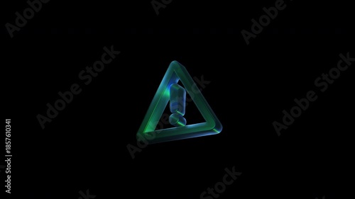 Glass warning triangle icon rotating on black background