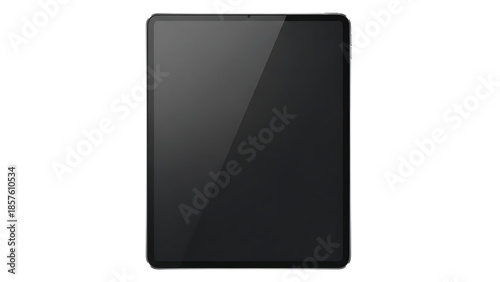 Modern tablet computer held vertically with blank dark screen, isolated on transparent background