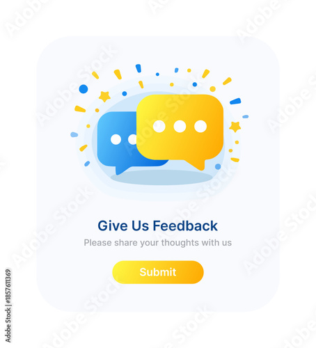 Give us feedback popup notification modern UI. User feedback message popup interface. Customer opinion request popup app interface.