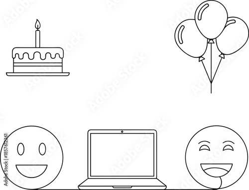 Minimal line art icons of birthday cake, balloons, smiling faces and laptop for virtual party, online celebration, digital event design