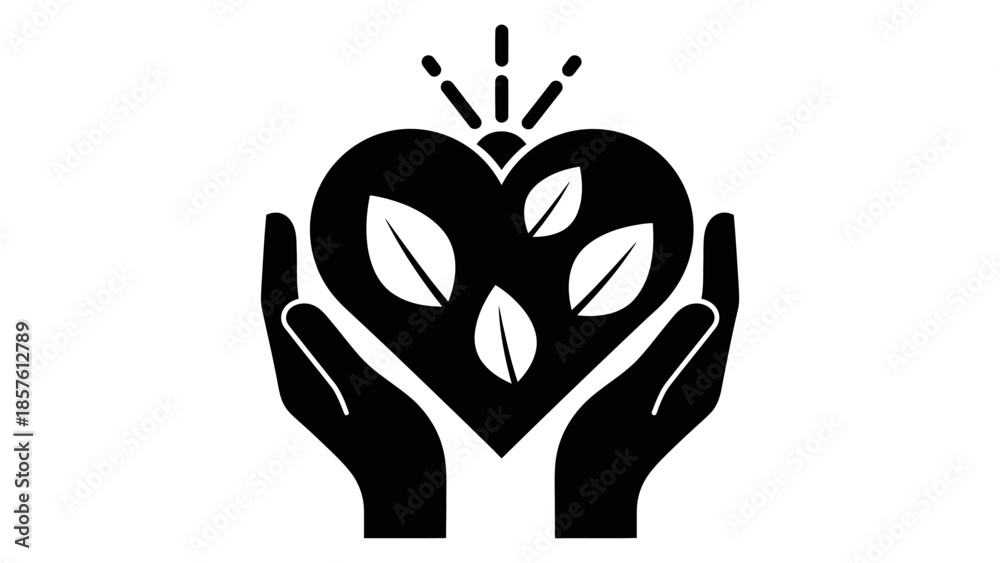 Obraz premium Caring hands holding a heart with green leaves and radiating light rays, symbolizing environmental protection, nature's growth, and well-being, on an isolated white background.