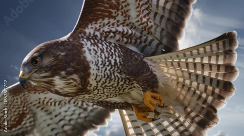A majestic hawk soaring through a clear blue sky with clouds in the background.