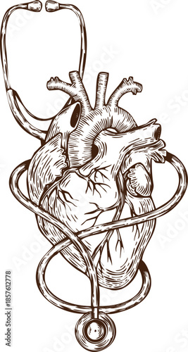 An engraving art style illustration hand drawn vintage engraving style illustration of a human heart wrapped with a stethoscope
