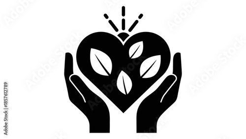 Caring hands holding a heart with green leaves and radiating light rays, symbolizing environmental protection, nature's growth, and well-being, on an isolated white background.