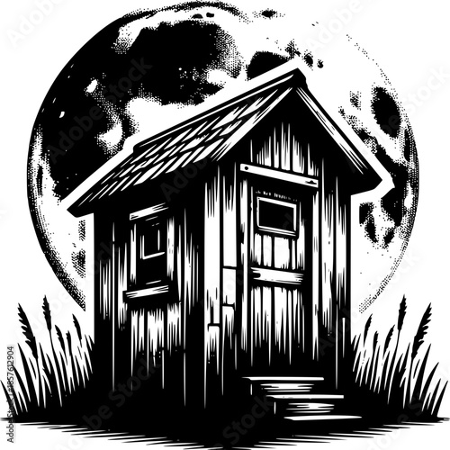 Nightscape Abode: A rustic wooden structure, reminiscent of a shed or small building, is silhouetted against a dramatic backdrop of a full moon, a scene rich with mystery and tranquility.