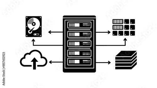 Cloud Computing and Data Storage Concept with Server Rack, Hard Drive, and Network Connections on Isolated White Background.