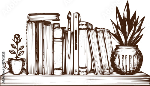An engraving art style illustration hand drawn sketch of books, paintbrushes, and potted plants on a shelf