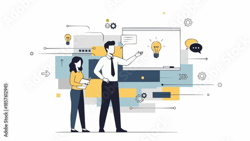 Business professionals collaborating on a new idea presentation.