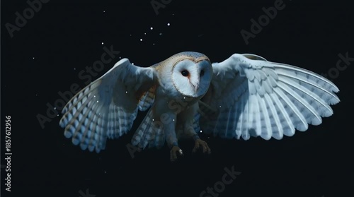 A majestic owl in flight, showcasing its wingspan against a dark background.