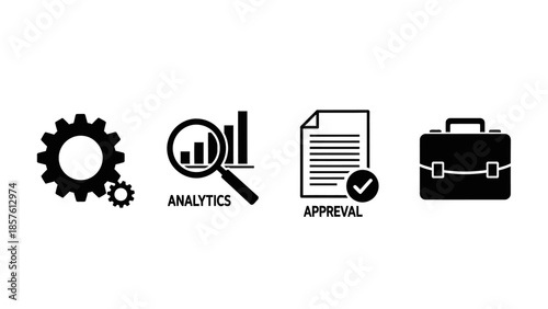 Business Process Icons Including Gear, Analytics, Document Approval, and Briefcase on Isolated White Background