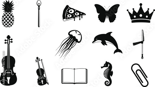 Mixed icon silhouette set featuring food, animals, music instruments, stationery, sea creatures, butterfly, crown, book, and everyday objects