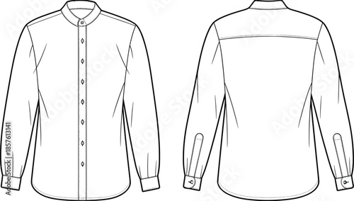 Men band collar shirt technical fashion illustration front and back view long sleeve button up flat vector design apparel production