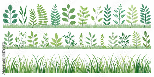 Variety of green leaves and grass illustrations for nature designs