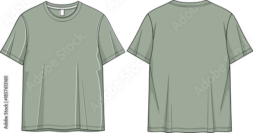 Basic crew neck t shirt technical fashion illustration front and back view flat vector design for men apparel production