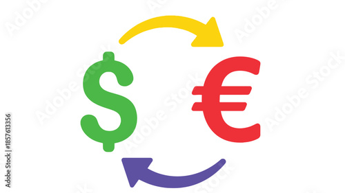 Currency exchange illustration featuring a circular arrow connecting dollar euro and yen symbols
