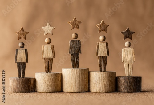 Wooden figures on podiums with stars representing achievement ranking