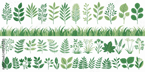Vibrant green leaves and grass illustrations for nature designs