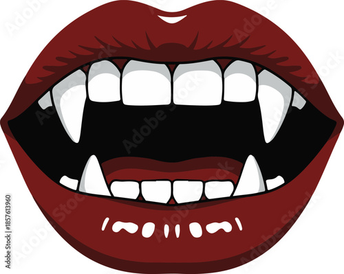 Deep crimson lips with sharp white vampire fangs displayed in an open mouth against a white background