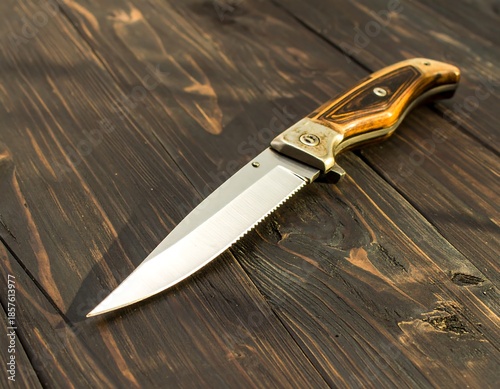 A folding knife on a wooden surface