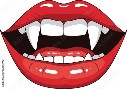 Detailed red vampire lips with sharp white fangs and an open mouth showing teeth and tongue on a white background Keywords: vampire lips, red lips