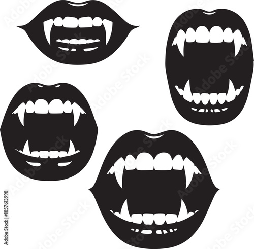 Four black silhouette vampire mouths with sharp fangs and open lips showing teeth and gums Keywords: vampire, mouth, lips, fangs, teeth, black