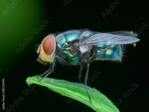 Blow flies on the leaf from side view