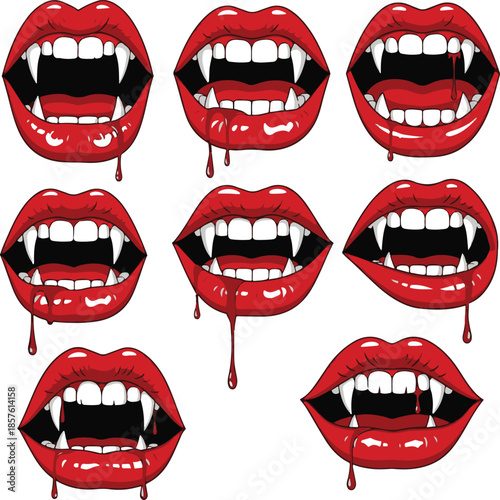 Multiple red glossy lips with sharp white vampire fangs dripping in various expressions and angles on a white background Keywords: lips, mouth