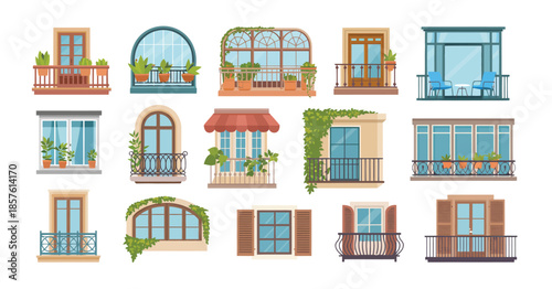 Set of Windows and Balconies for House Facade Exterior Design, Colorful Architectural Elements Collection for Residential Buildings Illustration