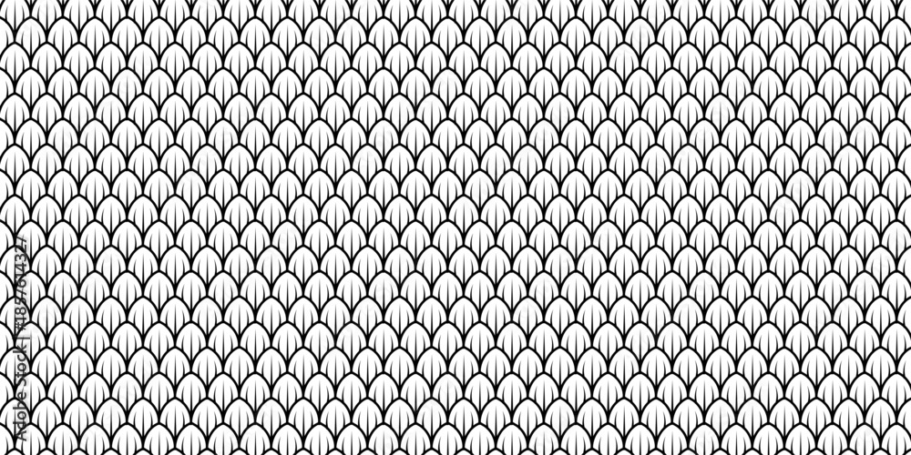 Fototapeta premium Dragon snake reptile fish mermiad scale seamless pattern tile. Dinosaur skin seamless pattern. Vector black line background.