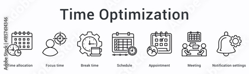 Time optimization banner web icon allocates focus time with break periods through schedules appointments and meeting notification settings.