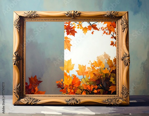 A framed artwork showing a split image of autumn leaves