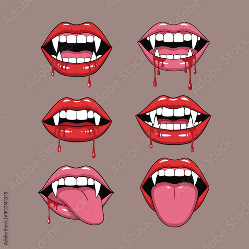 Six of red lips with vampire fangs and some with dripping and tongues sticking out against a muted brown background Keywords: lips, mouth, vampire