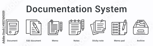 Documentation system banner web icon manages documents with editing memos notes and sticky note pads for archive storage.