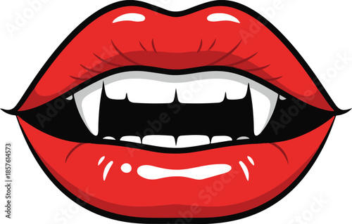 Vibrant red lips with sharp white vampire fangs and a dark black opening on a clean white background