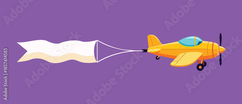 Cartoon yellow airplane towing white wavy blank banner behind it flying against solid vibrant purple background.