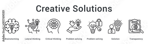 Creative solutions banner web icon generates ideas through brainstorming and lateral thinking for transparent problem solving outcomes.